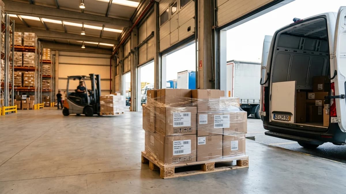 Europalete embalada com caixas e película retrátil pronta para carregamento num cais logístico com carrinha de transporte