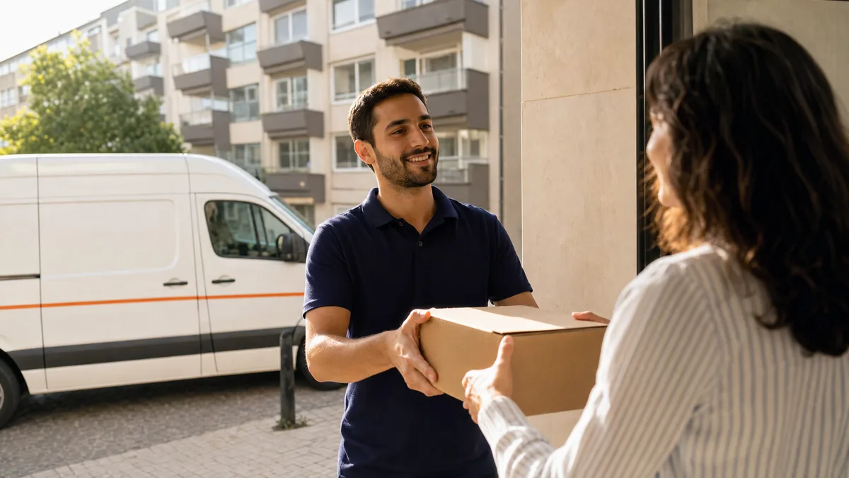Estafeta a entregar uma encomenda à porta de um prédio